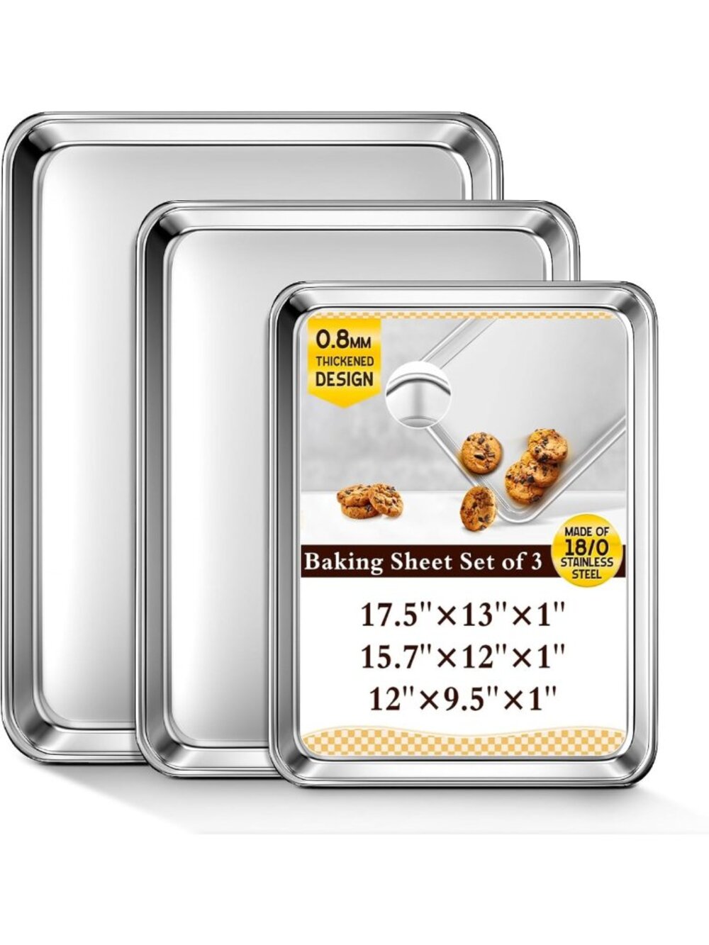 Set of 3 Stainless Steel Baking Sheets - Heavy Duty, Nonstick, Rust Resistant